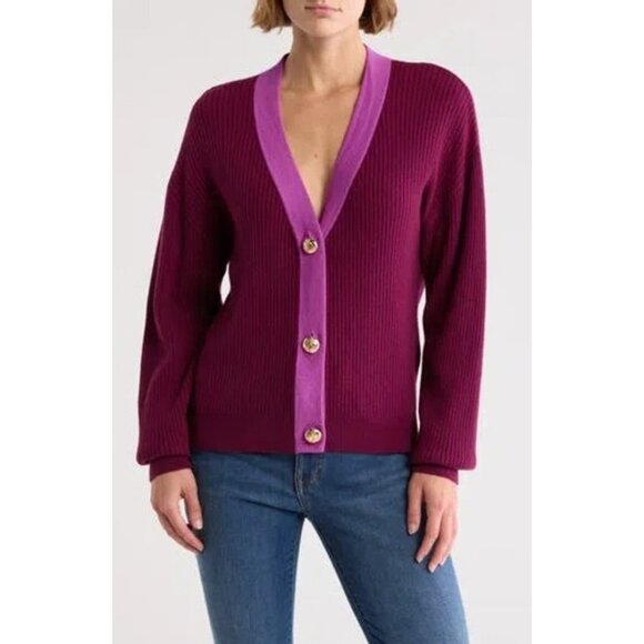 RAMY BROOK Nina Contrast Rib cashmere blend Cardigan In Cabernet size  XS - Picture 1 of 9